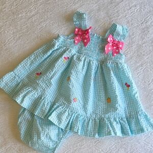 Rare Editions Aqua Gingham Dress with Pink Polka Dot Bows  6-9 Months
